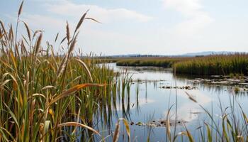 a tranquil coastal marsh where reeds and grasses sway gently in a soft breeze. photo