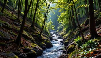 a forest ravine filled with the sound of distant water echoing through trees. photo