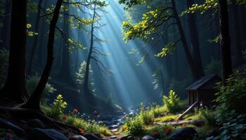 a secluded glen in a deep forest lit only by scattered shafts of light. photo