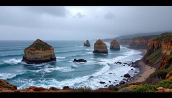 a storm swept coastline where waves hammer massive rock formations. photo