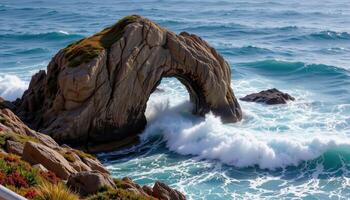 a jagged rock arch standing against crashing waves and ocean spray. photo