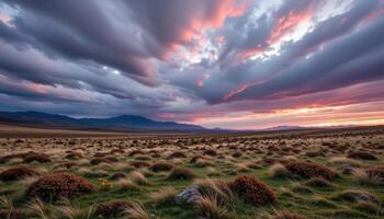 a windswept moor beneath a sky filled with streaks of gray and violet. photo
