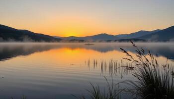 a serene lakeside at dawn, with mist rising from the water and distant mountains silhouetted against the morning light. photo