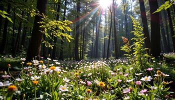 a dense forest clearing filled with sunlight and blooming wildflowers. photo