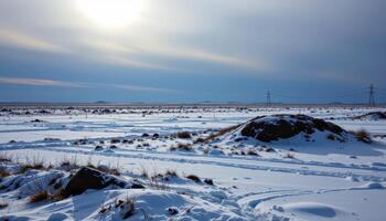 a frozen tundra plain marked only by wind swept drifts and low lying rock. photo