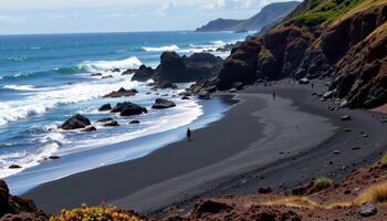 a secluded beach of black volcanic sand bordered by rocky outcrops and waves crashing. photo