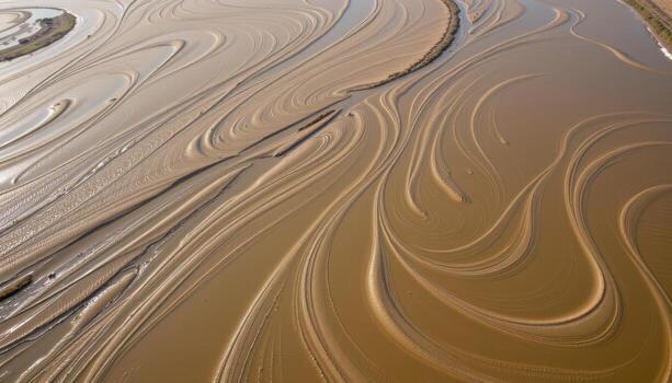 a sandy estuary with swirling tide patterns visible from above. photo