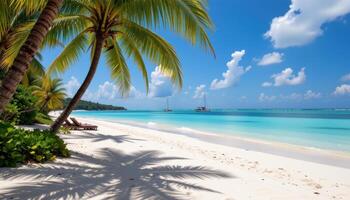 a secluded beach with pristine white sand, bordered by turquoise waters and palm trees. photo