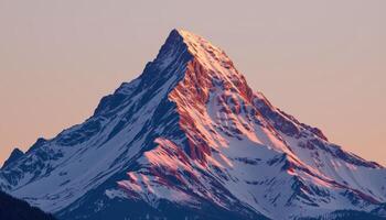a snow covered mountain peak illuminated by the soft light of dawn, standing against a clear sky. photo