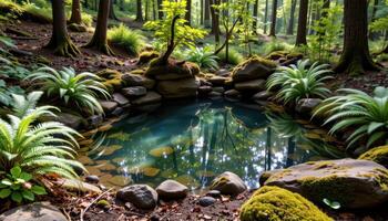 a secluded forest pond bordered by ferns and moss covered stones, hidden beneath a canopy of trees. photo