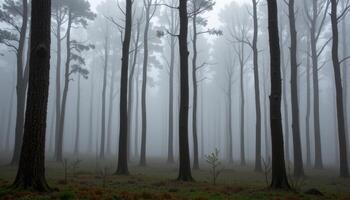a dense forest blanketed in thick mist, where tree trunks fade into the foggy distance. photo