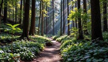 a quiet forest trail winding through towering trees and lush undergrowth under soft sunlight. photo