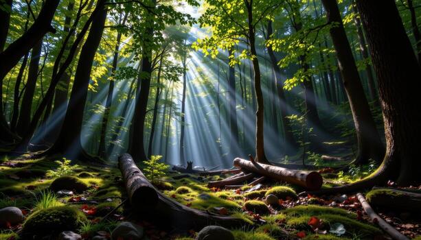 a dense forest canopy pierced by shafts of sunlight, illuminating patches of moss and fallen logs below. photo