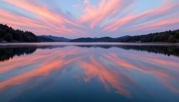 a serene lake at dawn, its glassy surface mirroring the pink and orange hues of the early morning sky. photo