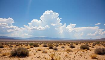 a remote desert plateau dotted with scattered shrubs beneath a vast open sky. photo