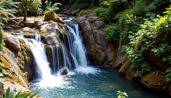 a hidden waterfall tumbling over moss covered rocks into a crystal clear pool surrounded by dense vegetation. photo