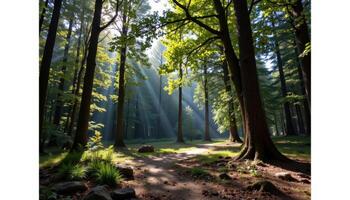 a tranquil forest clearing where dappled sunlight filters through tall, ancient trees. photo