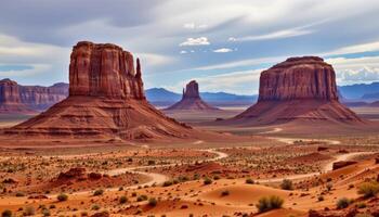 a dramatic desert landscape where towering sandstone formations rise from a sea of sand. photo