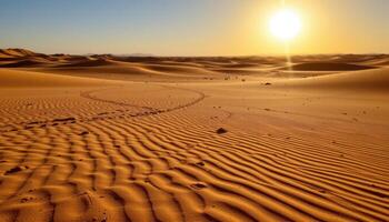 a broad desert expanse under a blazing sun, with shifting dunes creating intricate patterns in the sand. photo