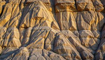 a rugged cliff face where layers of sedimentary rock create striking patterns under soft light. photo