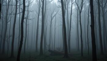 a dense forest cloaked in thick mist, with tree trunks fading into the foggy distance. photo