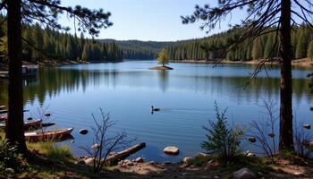 a quiet lake surrounded by dense pine forest, its glassy surface reflecting the serene landscape. photo
