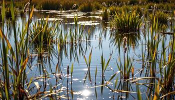 a quiet marshland filled with reeds and shallow pools shimmering in soft light. photo