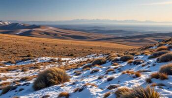 a remote tundra landscape with rolling hills dotted with patches of snow and hardy grasses. photo