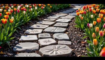 a garden path made entirely of stepping stones carved with floral motifs, surrounded by tulips photo