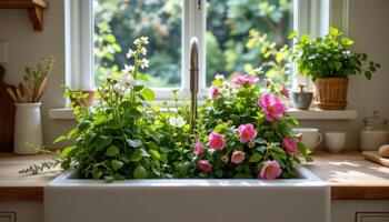 a farmhouse sink filled with freshly harvested herbs and blossoms under warm kitchen lighting photo