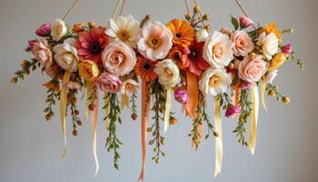 a bohemian style hanging flower installation made with dried blooms and fabric ribbons photo