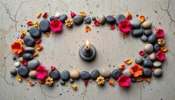 a zen inspired flat lay of pebbles, petals, and incense arranged in perfect balance photo