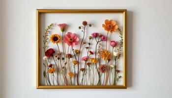 a minimalist wall arrangement of dried flowers framed in gold photo
