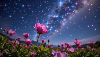a time lapse concept showing a flower blooming under the stars in the night sky photo