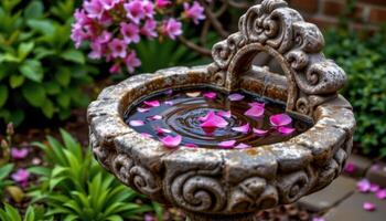 an intricately carved stone birdbath filled with rainwater and floating petals from nearby jacaranda trees photo