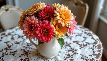 a bouquet of dahlias in warm autumn tones arranged in a vintage ceramic pitcher on a lace covered table photo