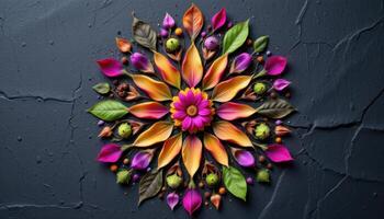 a symmetrical mandala pattern made entirely from various petals, leaves, and natural elements on a slate background photo