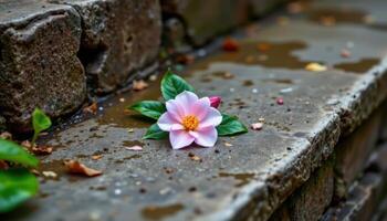 a single delicate camellia flower lying on a weathered stone step after a gentle rain shower photo