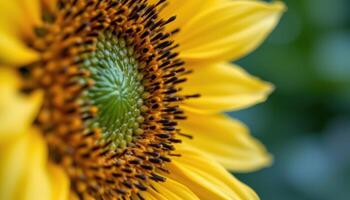 a macro shot of a sunflower's spiral seed pattern, with sharp detail and a soft blur in the background photo