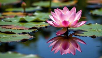 a lotus flower captured mid bloom in a still pond, its reflection perfectly mirrored in the calm water photo