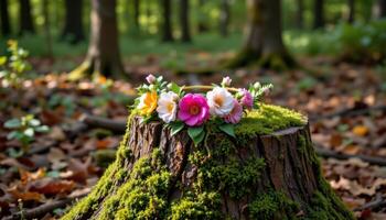 a handmade flower crown resting atop a mossy tree stump deep in a forest clearing photo