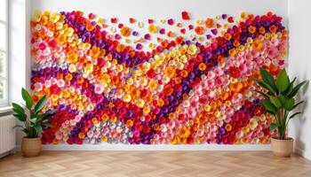 a vibrant wall mural made entirely from real flower petals arranged in an abstract pattern photo