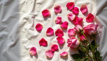 a minimalist flat lay of scattered rose petals on textured linen fabric in natural light photo