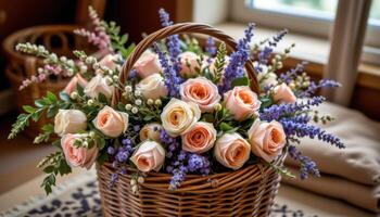 a woven basket overflowing with dried roses, eucalyptus, and lavender in a cozy attic room photo
