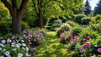 a lush garden path shaded by tall trees and lined with hostas and flowering ground cover photo