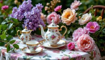 a tea set arranged on a floral tablecloth, surrounded by lilacs and peonies in full bloom photo