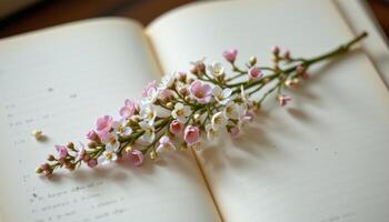 a delicate sprig of baby's breath lying on an open notebook with pressed flowers between the pages photo