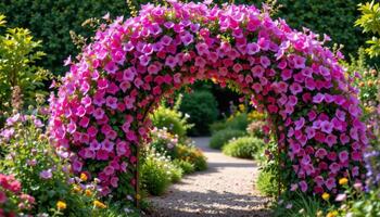 a garden arch completely covered in clematis blossoms, with a gravel path leading beneath it photo