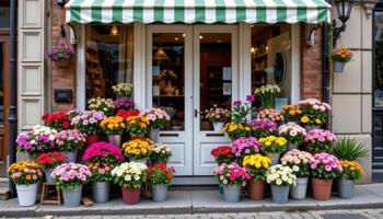 a flower shop storefront with buckets of fresh cut blooms spilling onto the cobblestone street photo