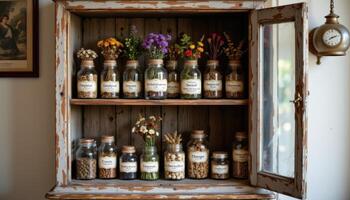 a vintage apothecary cabinet filled with labeled jars of dried flowers and herbs photo
